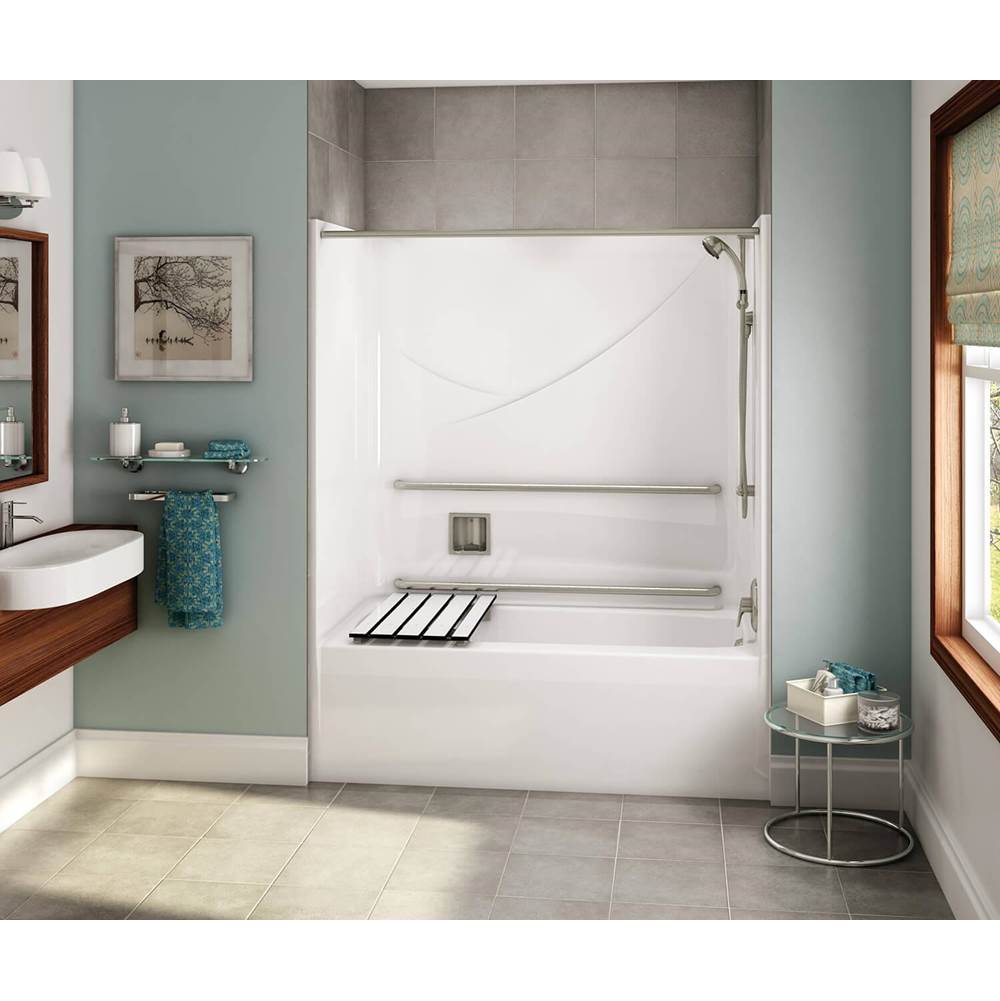 Aker OPTS-6032 AcrylX Alcove Left-Hand Drain One-Piece Tub Shower in Sterling Silver - MASS Grab Bars and Seat