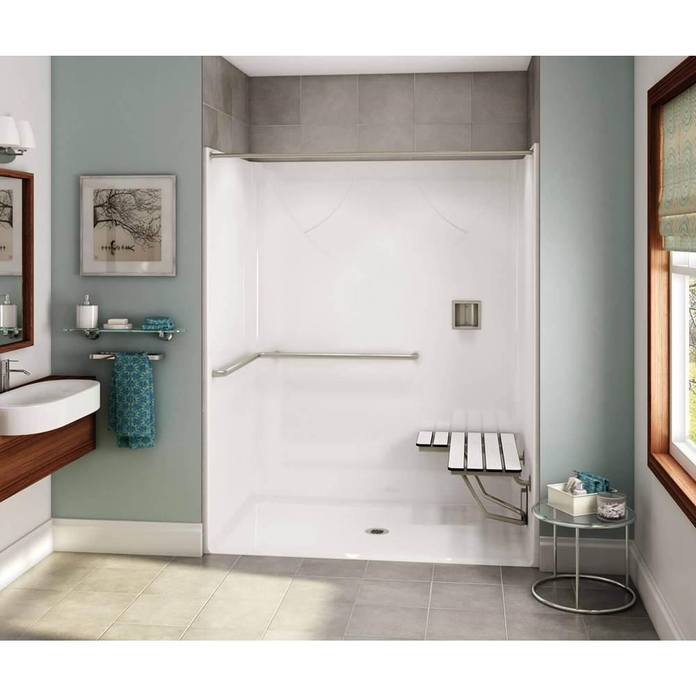 Aker OPS-6036 AcrylX Alcove Center Drain One-Piece Shower in Thunder Grey - ADA Grab Bar and Seat