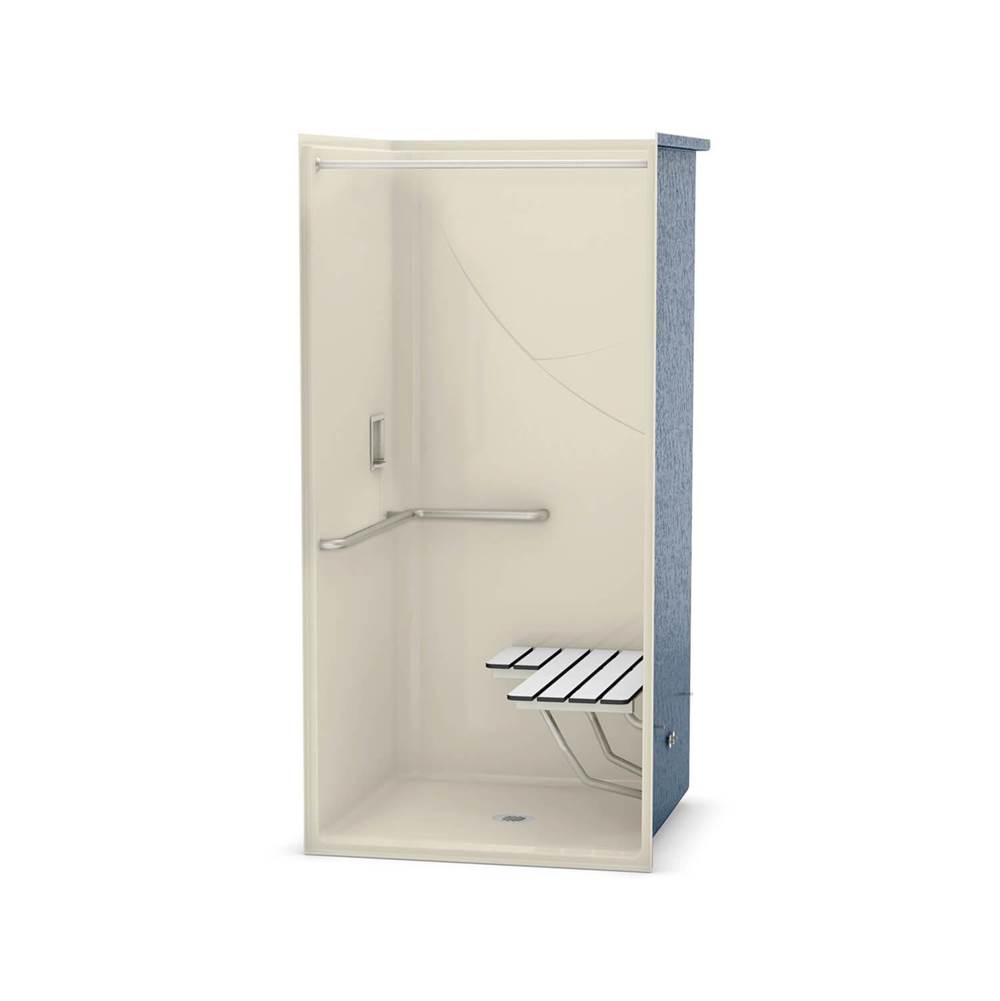 Aker OPS-3636 AcrylX Alcove Center Drain One-Piece Shower in Bone - L-shaped Grab Bar and Seat