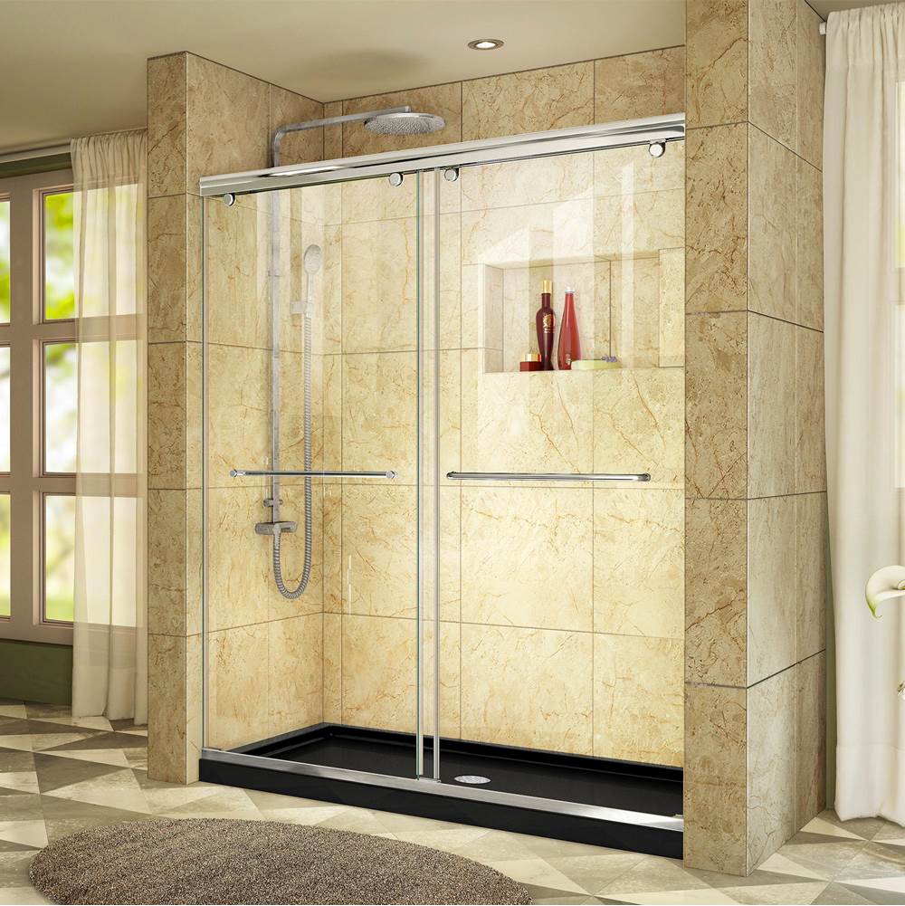 Dreamline Showers DreamLine Charisma 36 in. D x 60 in. W x 78 3/4 in. H Bypass Shower Door in Chrome with Center Drain Black Base Kit