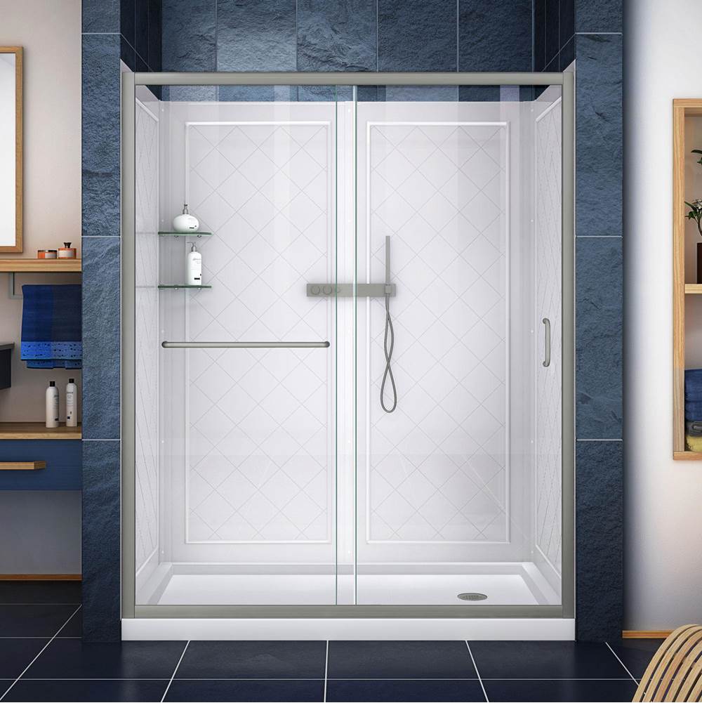 Dreamline Showers DreamLine Infinity-Z 32 in. D x 60 in. W x 76 3/4 in. H Sliding Shower Door in Brushed Nickel, Right Drain White Base and Backwall