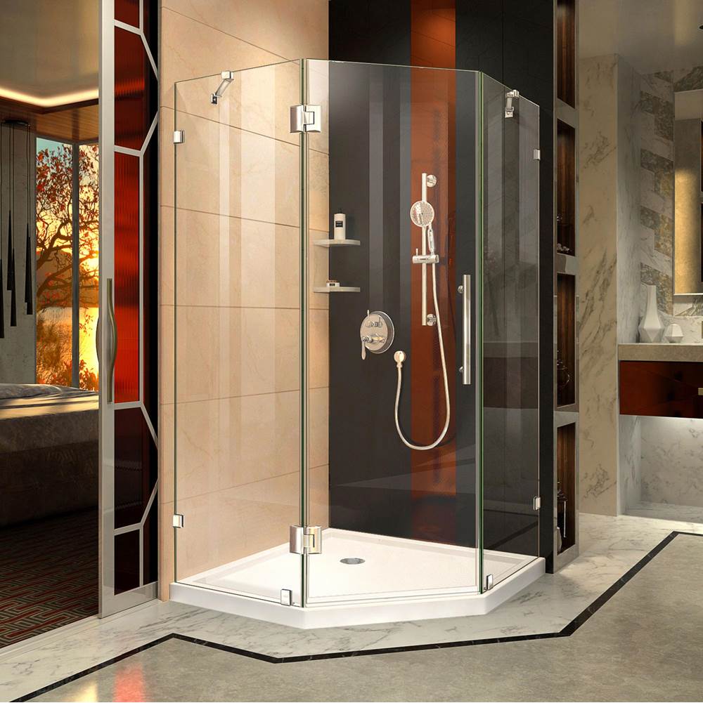 Dreamline Showers DreamLine Prism Lux 38 in. D x 38 in. W x 74 3/4 in. H Hinged Shower Enclosure in Chrome with Corner Drain White Base Kit