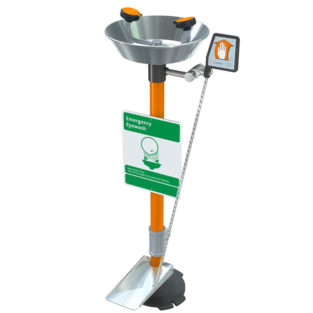Guardian Equipment Eye-Face Wash, Pedestal Mounted, Hand and Foot Control, Stainless Steel Bowl