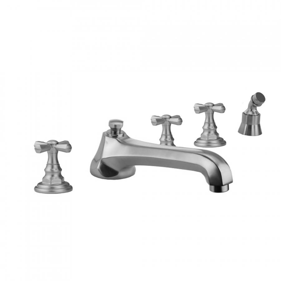 Jaclo Westfield Roman Tub Set with Low Spout and Hex Cross Handles and Angled Handshower Mount