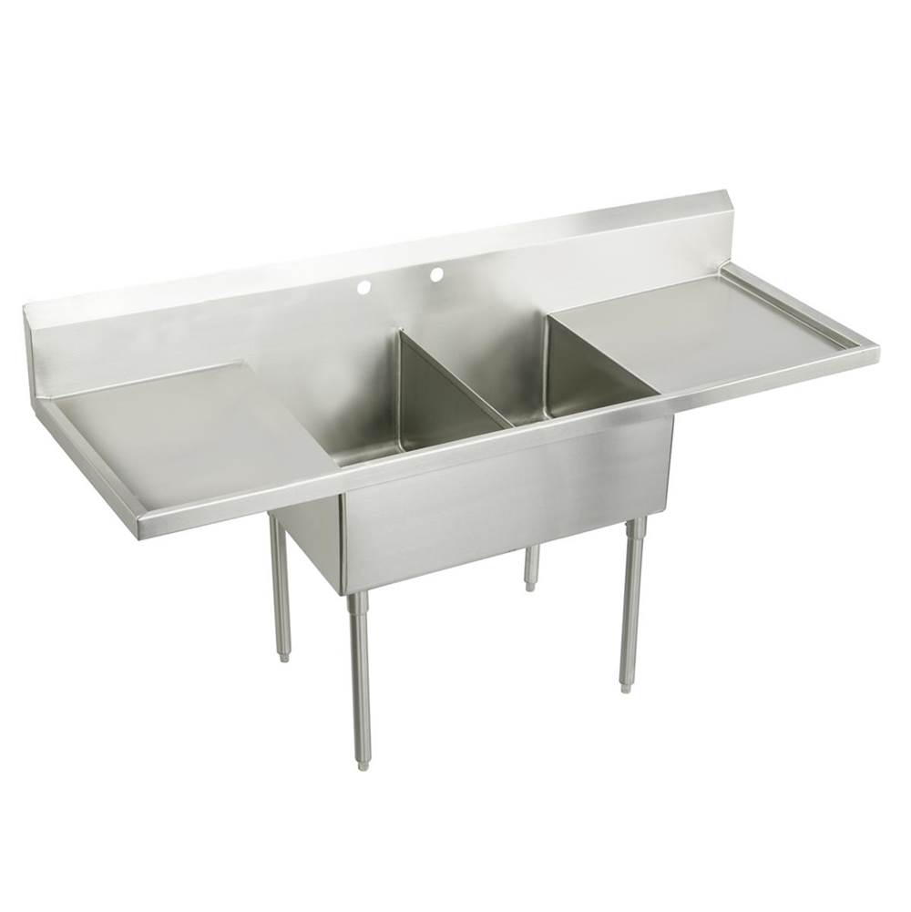 Just Manufacturing Stainless Steel 96'' x 27-1/2'' x 14'' Floor Mount Double Compartment 2-Hole Scullery Sink w/LandR Drainboards
