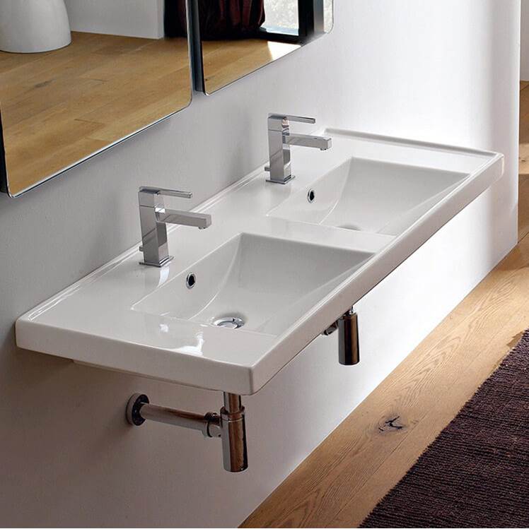 Nameeks Rectangular Double White Ceramic Self Rimming or Wall Mounted Bathroom Sink