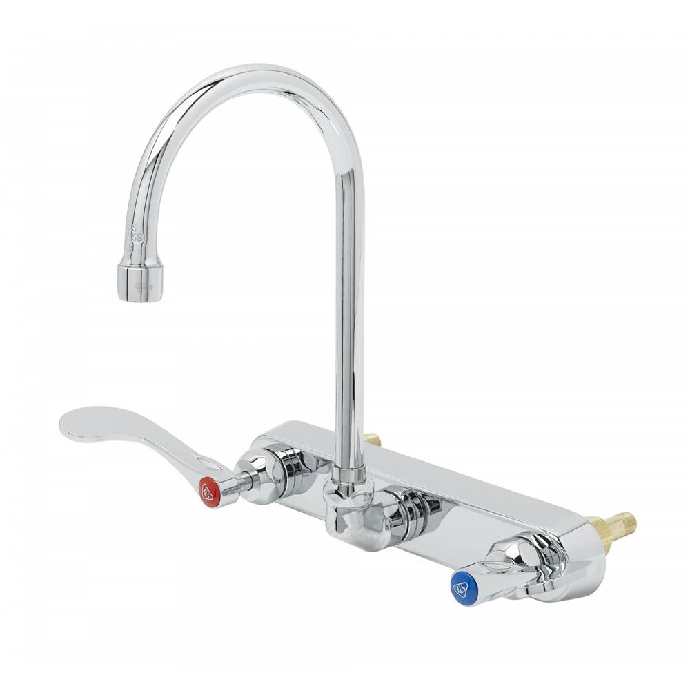 T&S Brass 8'' Backsplash Workboard Faucet, Ceramas, 4'' Handles, Swivel Gooseneck, 2.2 GPM Aerator