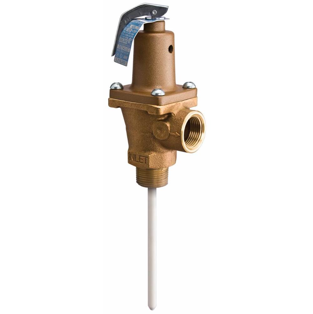 Watts 3/4 IN Lead Free Brass Automatic Reseating T and P Relief Valve, 75 psi, 210 degree F, Test Lever, 5 IN Extension Thermostat