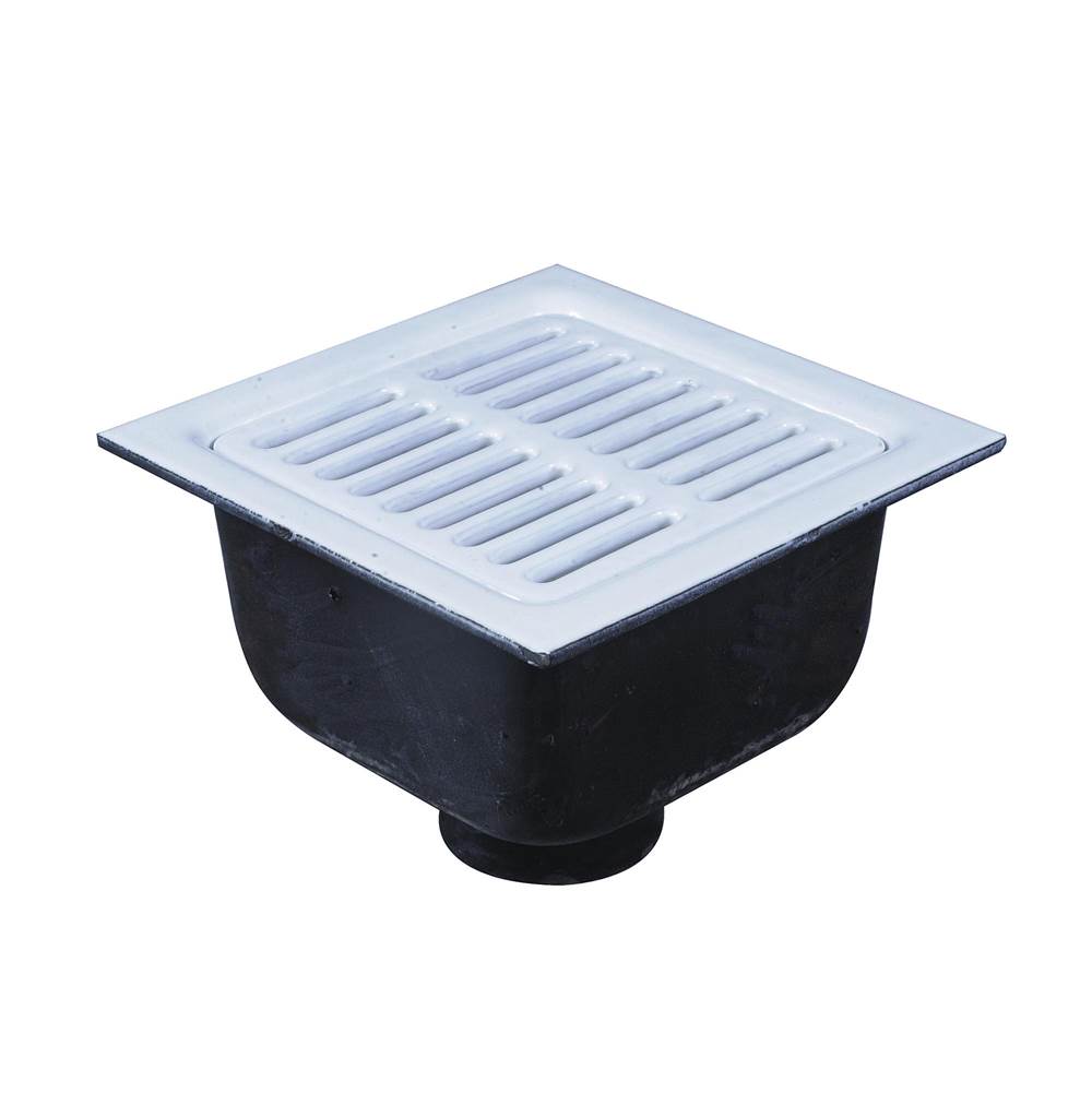 Watts Floor Sink, 3 IN Pipe, No Hub, 12 IN Square , 6 IN Deep Porcelain Enamel Coated Cast Iron Grate, Dome Bottom Strainer, Push On