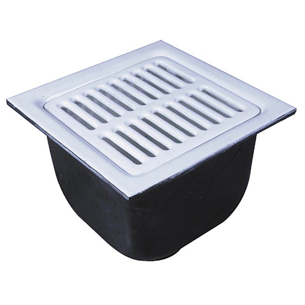 Watts Floor Sink, 3 IN Pipe, No Hub, 12 IN Square , 8 IN Deep Porcelain Enamel Coated Cast Iron Grate, Dome Bottom Strainer, No Hub